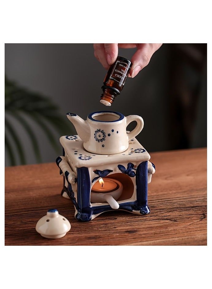 【Elegant Teapot Candle Holder】 Elegant Blue  White Ceramic Teapot Candle Holder | Aromatic Oil Heater with Floral Patterns, Home Decor for Holidays, Valentine’s Day, and Tea Lovers - Image 1