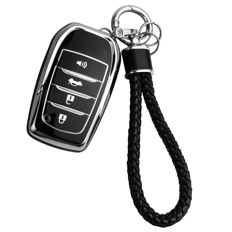 JOYEAR for Toyota Keychain with Key Fob Cover Compatible with 2025 Camry20212024 VenzaGrand HighlanderHiluxFortuner Land Cruiser20222024 TundraCorolla CrossPrius 4 Buttons SilverBlack