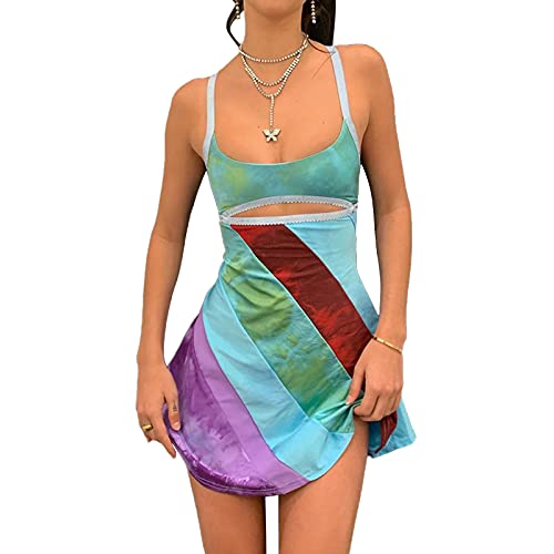 Honganda Y2K Dress for Women Summer Sleeveless Rainbow Bodycon Retro Going Out Dress 2000s 70s Halloween Costume - Image 1