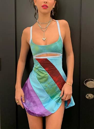 Honganda Y2K Dress for Women Summer Sleeveless Rainbow Bodycon Retro Going Out Dress 2000s 70s Halloween Costume - Image 4