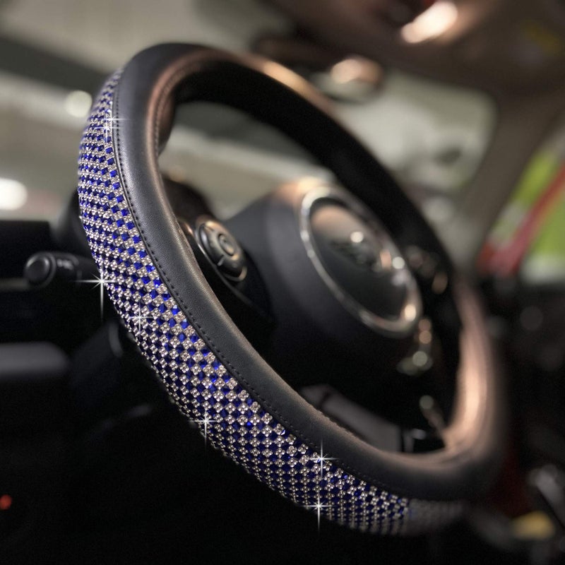 PINCTROT Bling Bling Comfy Steering Wheel Cover with Jumbo Crystal Rhinestones AntiSlip Diamond Leather Universal 15 Inch Blue