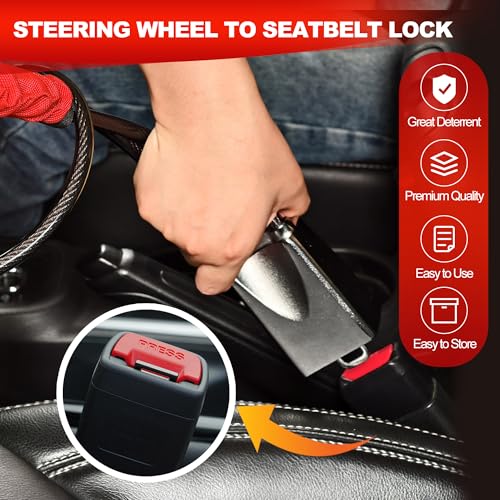 KAYCENTOP Car Steering Wheel Lock, Seat Belt Lock, Car Locks Anti-Theft Device with Aluminum Alloy Lock Housing, Max 17 Inch Length, High Visibility and Light-Weight, Universal Fit, 3Keys(Red) - Image 5