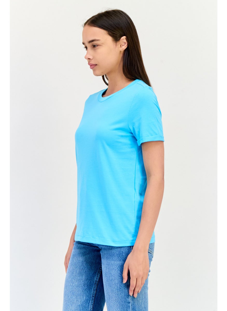 VERO MODA Women Crew Neck Short Sleeve Solid T-Shirt, Light Blue  - Image 3