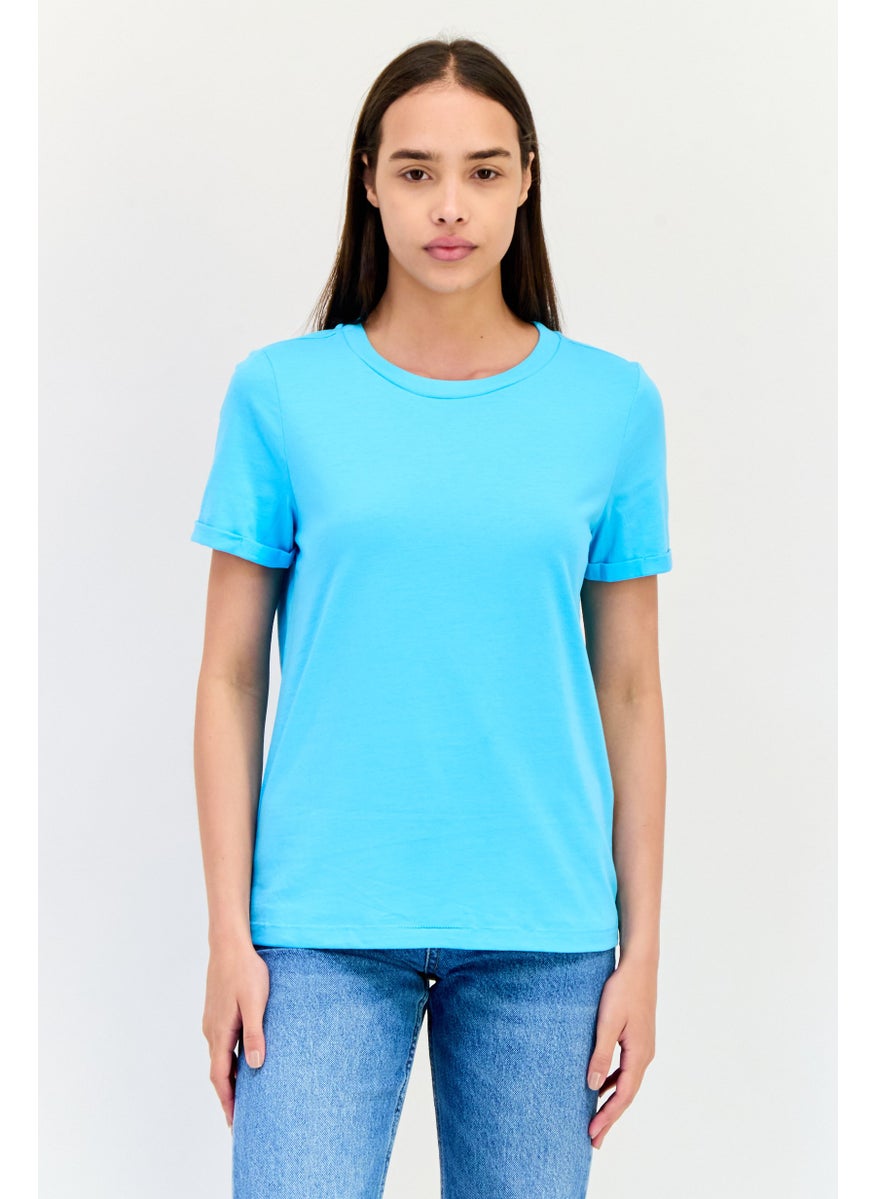 VERO MODA Women Crew Neck Short Sleeve Solid T-Shirt, Light Blue  - Image 1