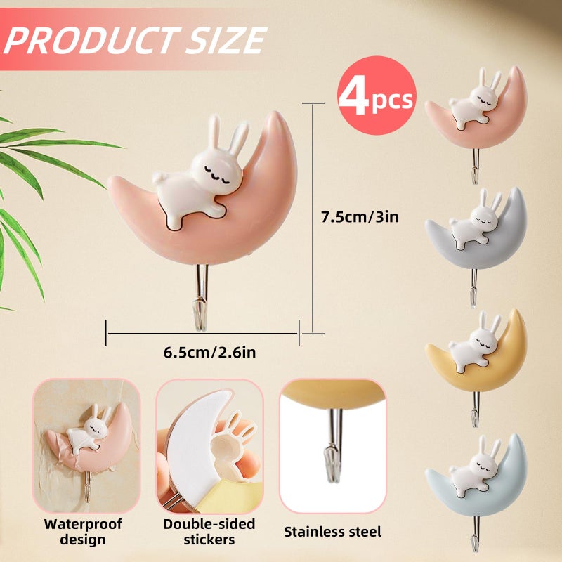 SHBLOMK 4PCS Adhesive Coat Hooks Key Holders, Creative Adhesive Cute Rabbit Key Hooks, Home Storage Utility Wall Decorations for Easter Decoration, Punch Free (Rabbits-4 Colors) - Image 2