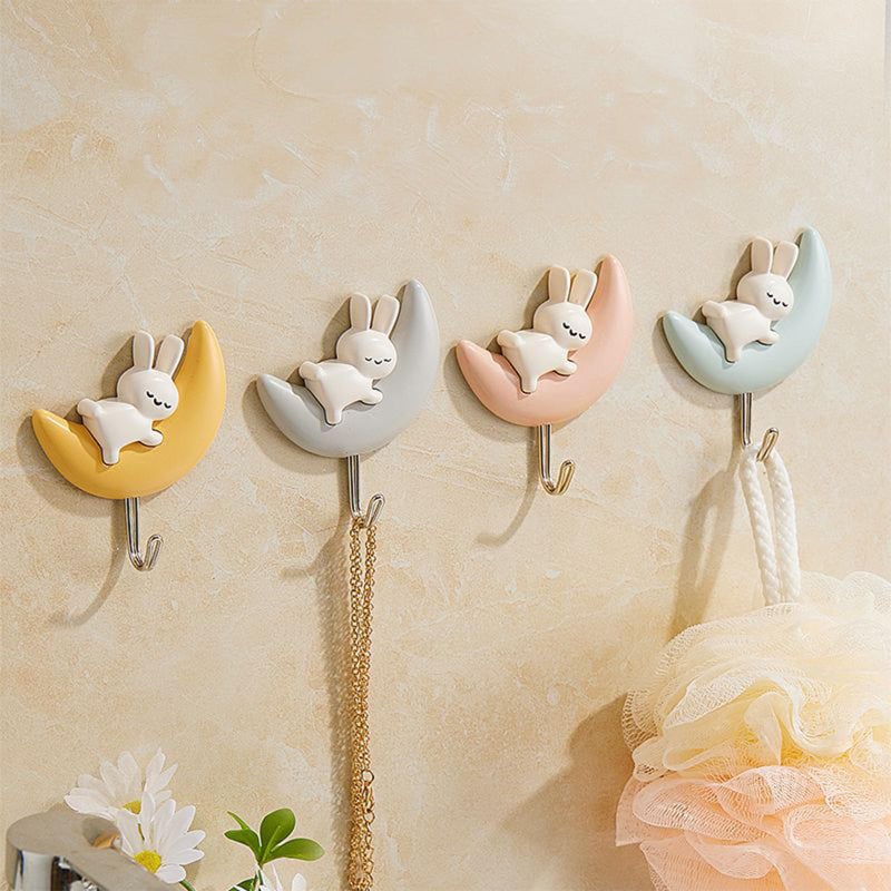 SHBLOMK 4PCS Adhesive Coat Hooks Key Holders, Creative Adhesive Cute Rabbit Key Hooks, Home Storage Utility Wall Decorations for Easter Decoration, Punch Free (Rabbits-4 Colors) - Image 1