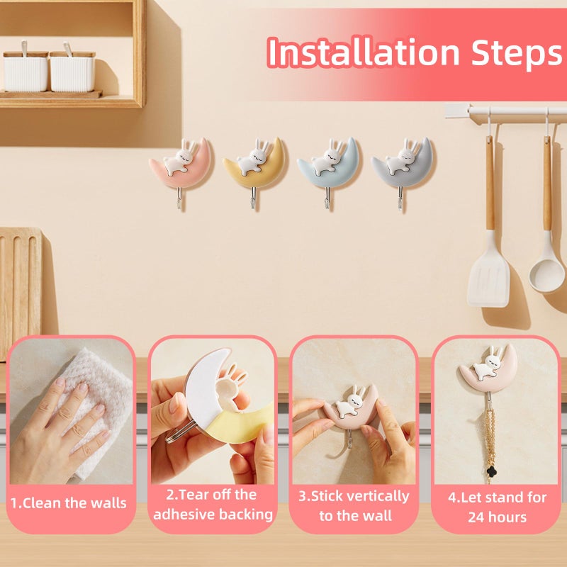 SHBLOMK 4PCS Adhesive Coat Hooks Key Holders, Creative Adhesive Cute Rabbit Key Hooks, Home Storage Utility Wall Decorations for Easter Decoration, Punch Free (Rabbits-4 Colors) - Image 3