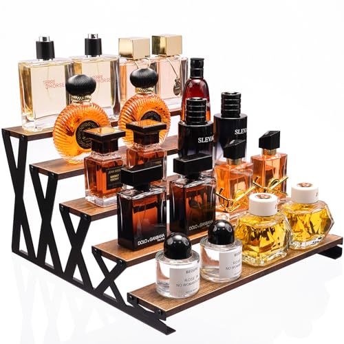 KALYLOC 5 Tier Wooden Display Riser Stand 13.8 Inch Metal Step Perfume Stand Organizer Tabletop Tiered Display Shelf Rack for Cologne Cupcake Spice Figures Cosmetics Candles (Brown, X-Shape) - Image 1