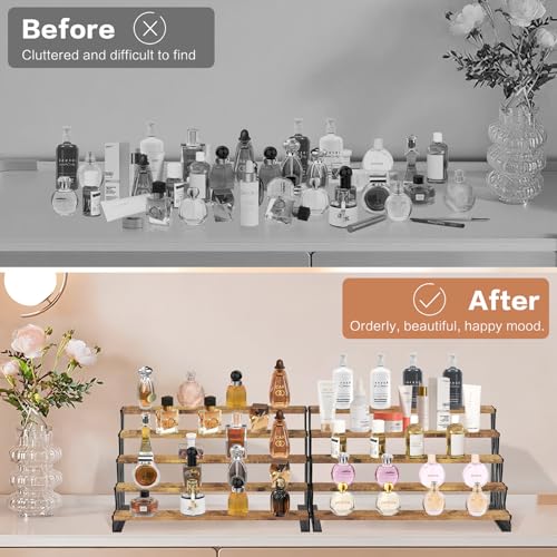 KALYLOC 5 Tier Wooden Display Riser Stand 13.8 Inch Metal Step Perfume Stand Organizer Tabletop Tiered Display Shelf Rack for Cologne Cupcake Spice Figures Cosmetics Candles (Brown, X-Shape) - Image 5