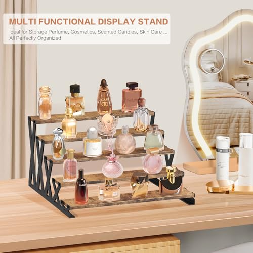 KALYLOC 5 Tier Wooden Display Riser Stand 13.8 Inch Metal Step Perfume Stand Organizer Tabletop Tiered Display Shelf Rack for Cologne Cupcake Spice Figures Cosmetics Candles (Brown, X-Shape) - Image 2