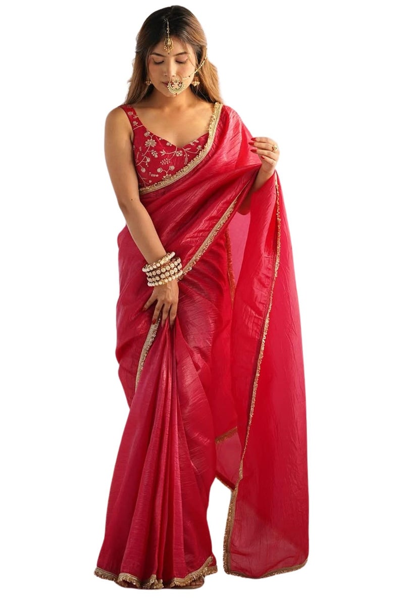 SGF11 Women's Tissue Soft Silk Saree With Unstitched Blouse Piece (Pink) - Image 1
