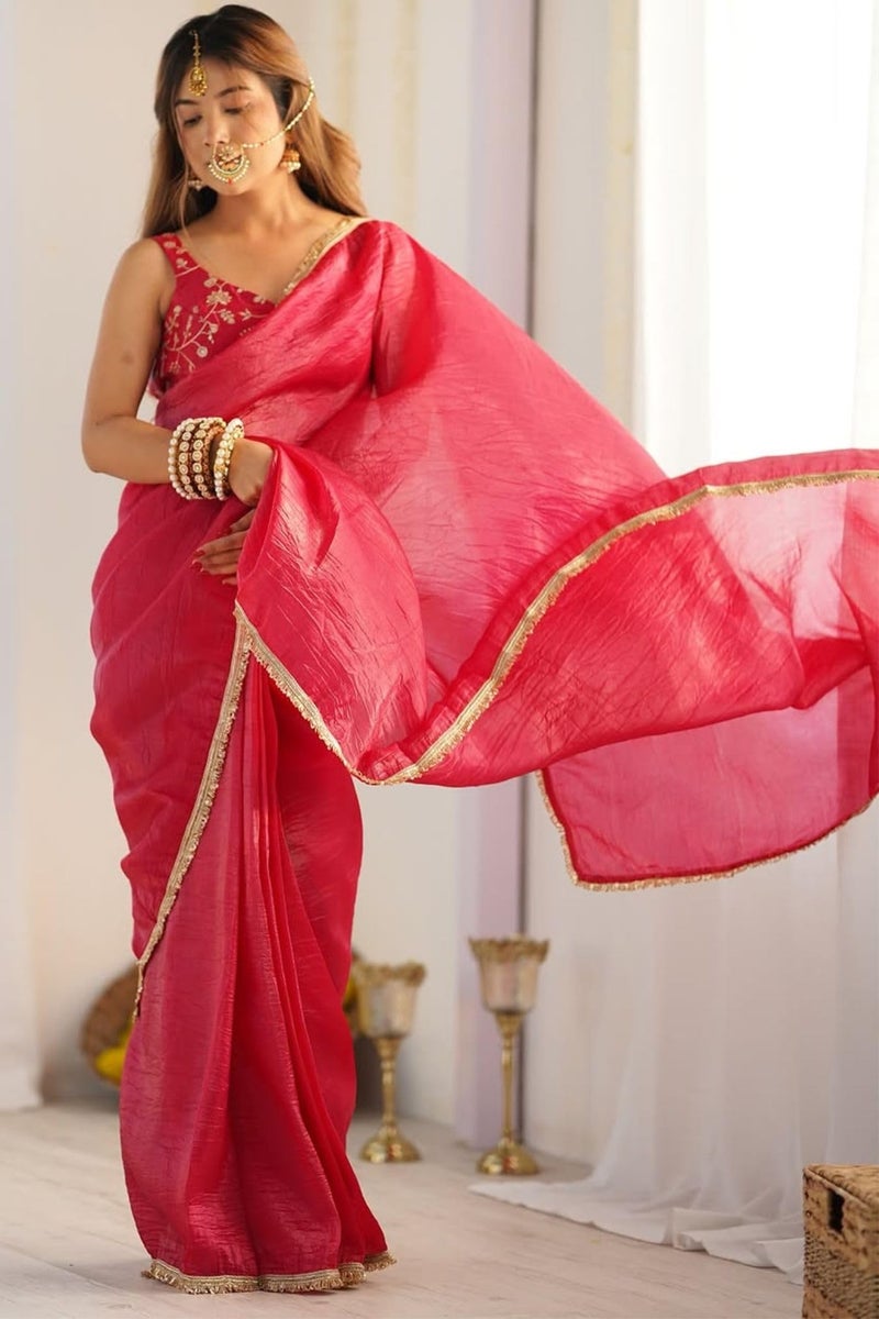SGF11 Women's Tissue Soft Silk Saree With Unstitched Blouse Piece (Pink) - Image 5