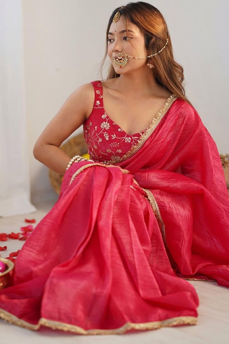 SGF11 Women's Tissue Soft Silk Saree With Unstitched Blouse Piece (Pink) - Image 3