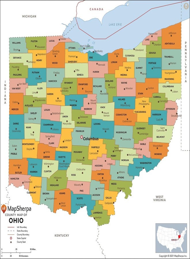MapSherpa Ohio Counties Map - Standard - 36" x 34.5" Laminated - Image 1