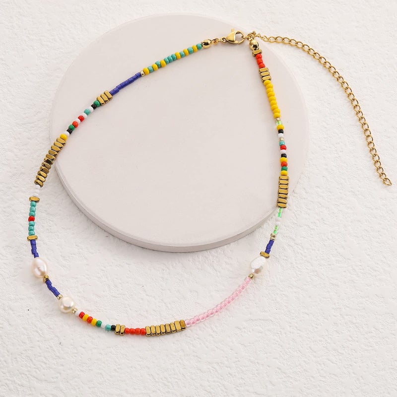 Wellike Freshwater Pearl Beaded Necklace for Women Handmade Boho Colorful Glass Beads Choker Necklace Stainless Steel 18K Gold Plated Bohemian Women Summer Jewelry Gifts (KKWX0521AMZ) - Image 2