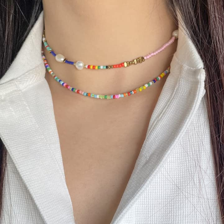 Wellike Freshwater Pearl Beaded Necklace for Women Handmade Boho Colorful Glass Beads Choker Necklace Stainless Steel 18K Gold Plated Bohemian Women Summer Jewelry Gifts (KKWX0521AMZ) - Image 4