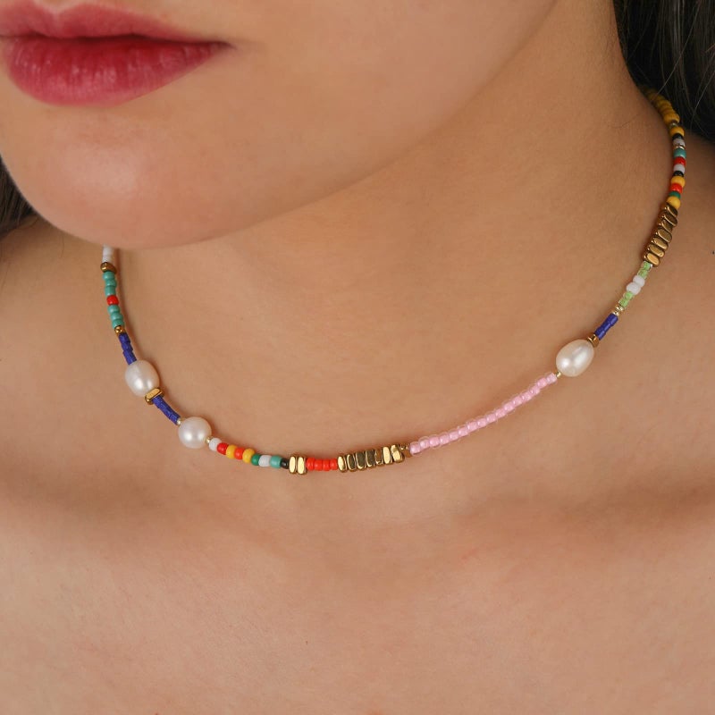 Wellike Freshwater Pearl Beaded Necklace for Women Handmade Boho Colorful Glass Beads Choker Necklace Stainless Steel 18K Gold Plated Bohemian Women Summer Jewelry Gifts (KKWX0521AMZ) - Image 5