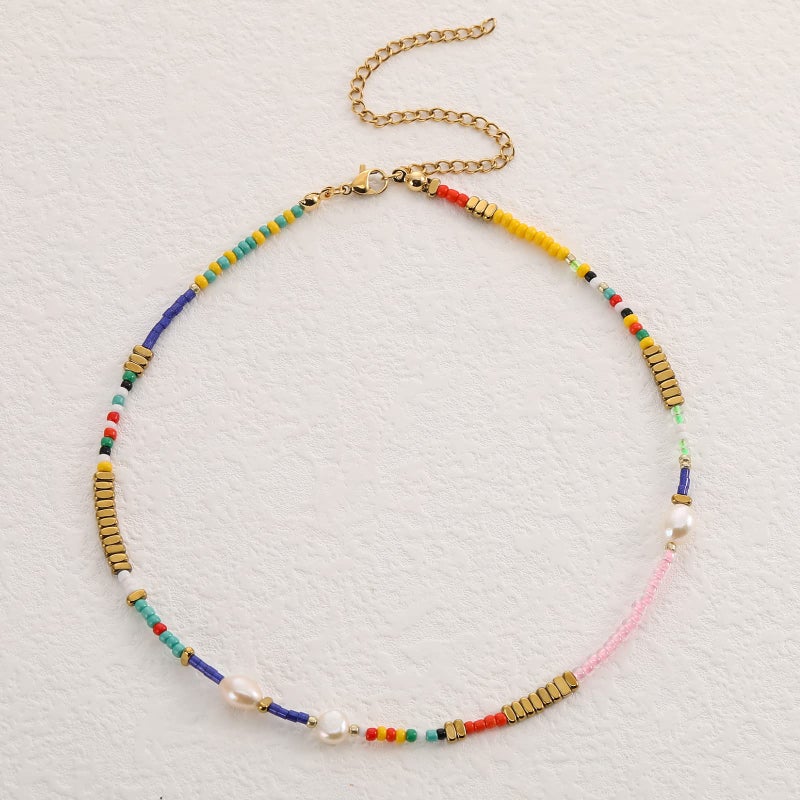 Wellike Freshwater Pearl Beaded Necklace for Women Handmade Boho Colorful Glass Beads Choker Necklace Stainless Steel 18K Gold Plated Bohemian Women Summer Jewelry Gifts (KKWX0521AMZ) - Image 3