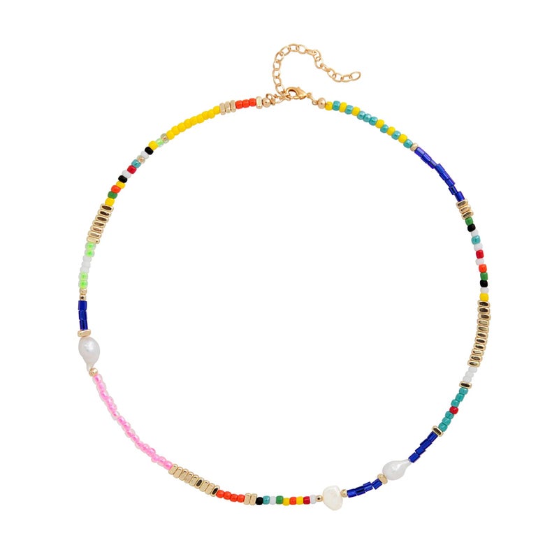Wellike Freshwater Pearl Beaded Necklace for Women Handmade Boho Colorful Glass Beads Choker Necklace Stainless Steel 18K Gold Plated Bohemian Women Summer Jewelry Gifts (KKWX0521AMZ) - Image 1