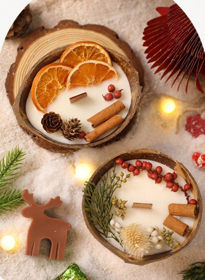 ميدي شمعتان معطرتان مصنوعتان يدوياً من شمع الصويا الطبيعي المصنوع من قشور جوز الهند، بفتيل خشبي مزين بأزهار وفواكه مجففة طبيعية، زينة منزلية عتيقة، علاج عطري لغرفة النوم والنوم والتأمل، طقم هدايا فاخر صديق للبيئة للأعياد وأعياد الميلاد - Image 5