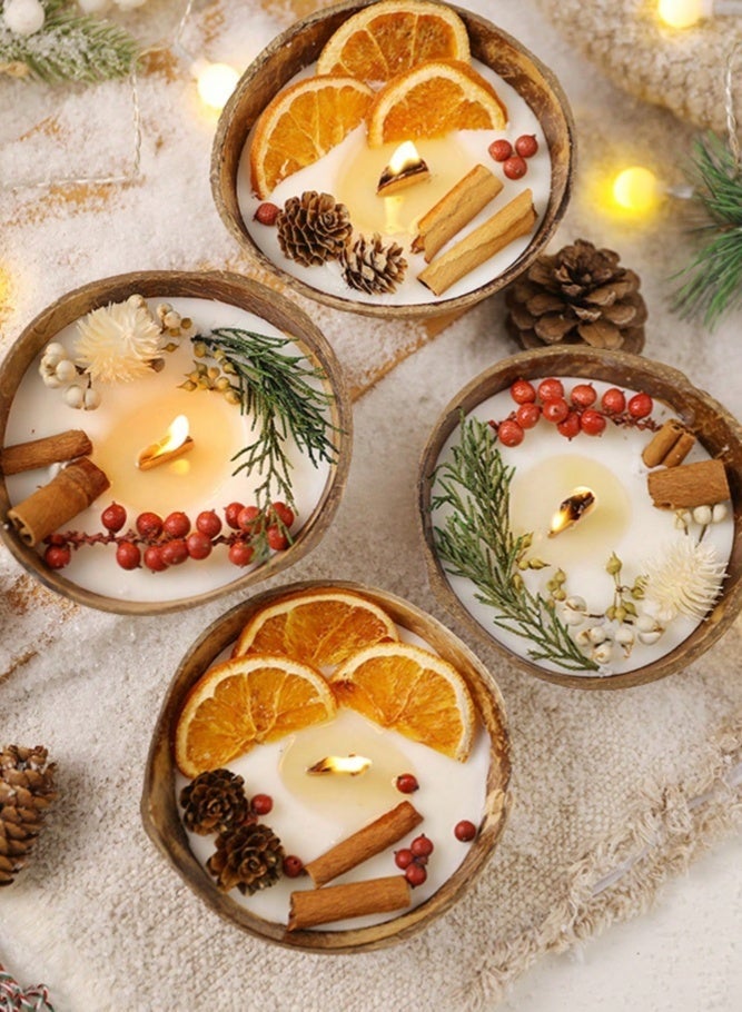 ميدي شمعتان معطرتان مصنوعتان يدوياً من شمع الصويا الطبيعي المصنوع من قشور جوز الهند، بفتيل خشبي مزين بأزهار وفواكه مجففة طبيعية، زينة منزلية عتيقة، علاج عطري لغرفة النوم والنوم والتأمل، طقم هدايا فاخر صديق للبيئة للأعياد وأعياد الميلاد - Image 2