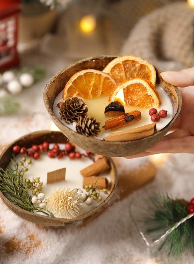 ميدي شمعتان معطرتان مصنوعتان يدوياً من شمع الصويا الطبيعي المصنوع من قشور جوز الهند، بفتيل خشبي مزين بأزهار وفواكه مجففة طبيعية، زينة منزلية عتيقة، علاج عطري لغرفة النوم والنوم والتأمل، طقم هدايا فاخر صديق للبيئة للأعياد وأعياد الميلاد - Image 1