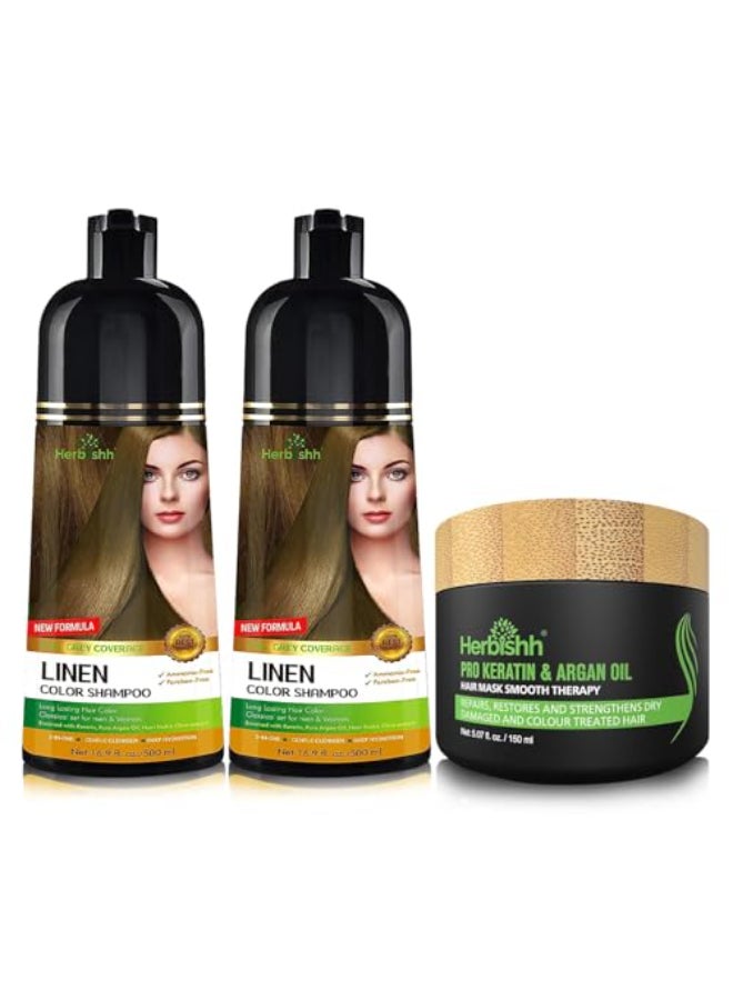 Herbishh Combo Pack Herbishh Hair Color Shampoo for Gray Hair Argan Intense Hair Mask LongLasting Color in Minutes Stimulates Dry Frizzy Hair 500 Ml Linen - Image 1