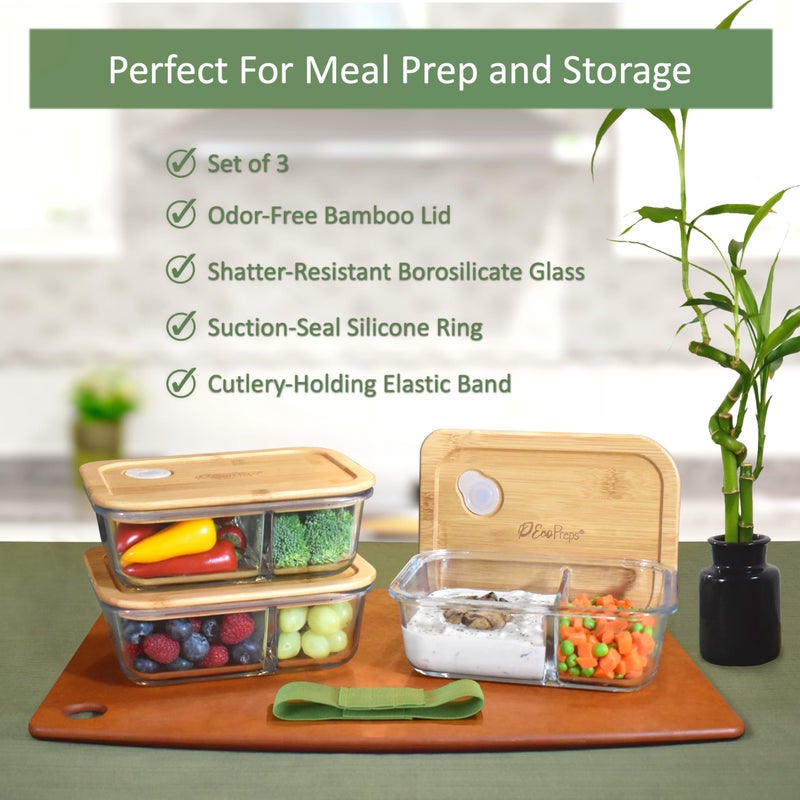 EcoPreps Glass Meal Prep Containers with Bamboo Lids, 2 Compartment Glass Bento Box Container Set (3 Pack) | 100% Plastic Free, Eco-Friendly, Lunch Containers with Lids Made of Bamboo - Set of 3 - Image 3