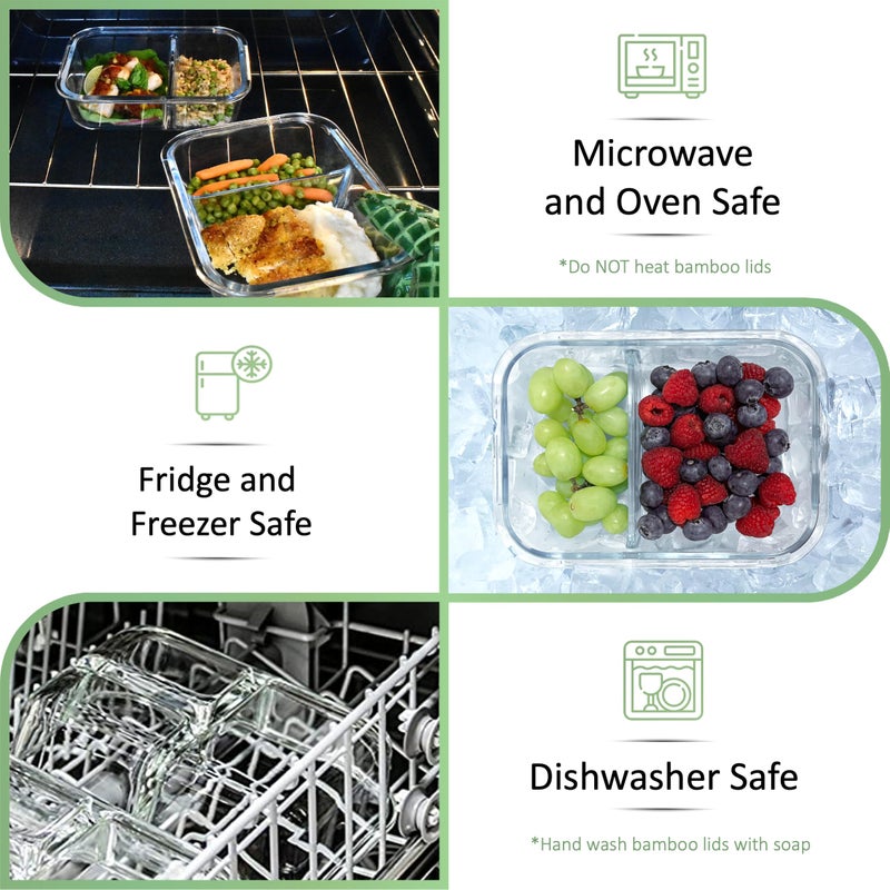 EcoPreps Glass Meal Prep Containers with Bamboo Lids, 2 Compartment Glass Bento Box Container Set (3 Pack) | 100% Plastic Free, Eco-Friendly, Lunch Containers with Lids Made of Bamboo - Set of 3 - Image 5