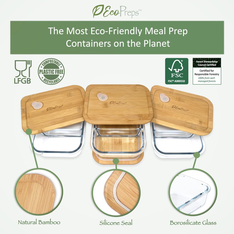 EcoPreps Glass Meal Prep Containers with Bamboo Lids, 2 Compartment Glass Bento Box Container Set (3 Pack) | 100% Plastic Free, Eco-Friendly, Lunch Containers with Lids Made of Bamboo - Set of 3 - Image 2