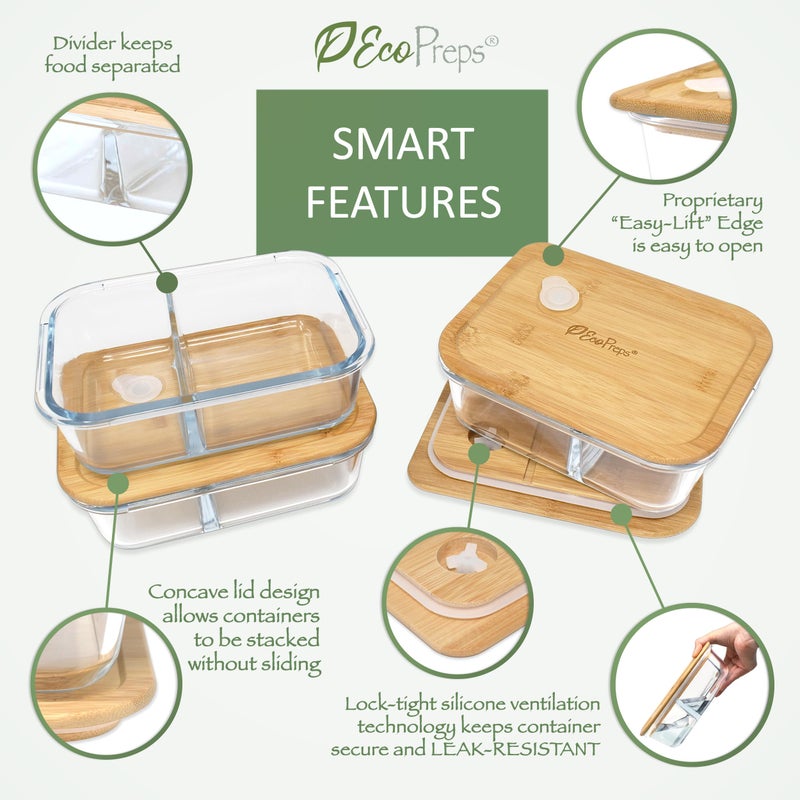 EcoPreps Glass Meal Prep Containers with Bamboo Lids, 2 Compartment Glass Bento Box Container Set (3 Pack) | 100% Plastic Free, Eco-Friendly, Lunch Containers with Lids Made of Bamboo - Set of 3 - Image 4