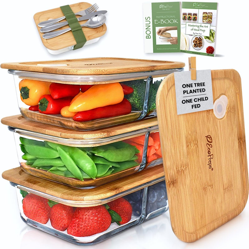 EcoPreps Glass Meal Prep Containers with Bamboo Lids, 2 Compartment Glass Bento Box Container Set (3 Pack) | 100% Plastic Free, Eco-Friendly, Lunch Containers with Lids Made of Bamboo - Set of 3 - Image 1