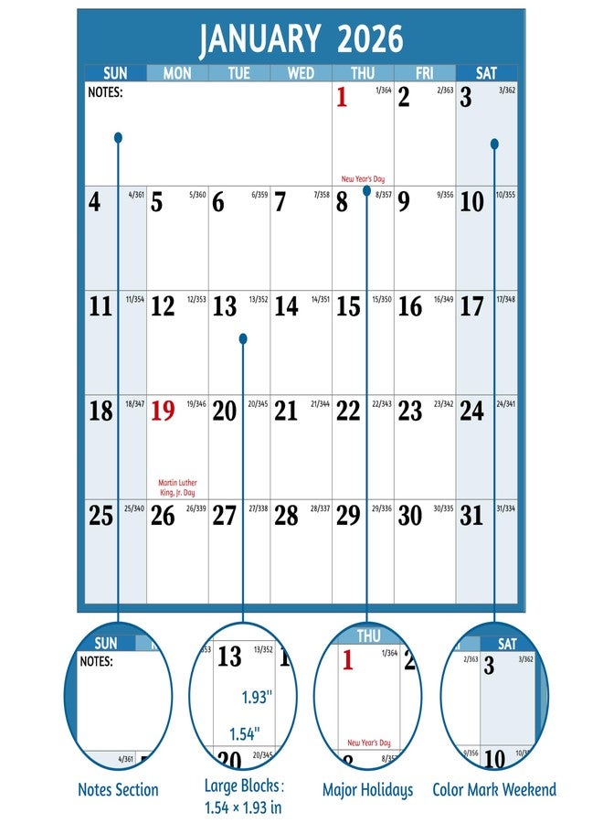 BowCuk 2026 Dry Erase Calendar - Large Yearly Wall calendar 2026, 45.1'' x 33.7'', 2-Side Reversible Calendar 2026, Vertical/Horizontal, Jan 2026 - Dec 2026, 2026 Wall Calendar with Notes, Stickers - Image 4