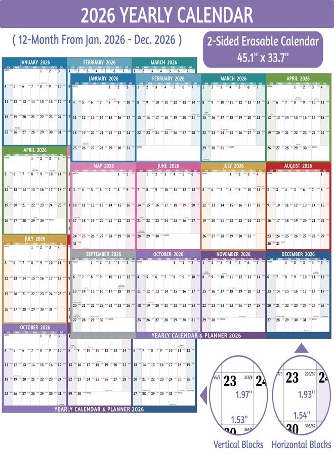 BowCuk 2026 Dry Erase Calendar - Large Yearly Wall calendar 2026, 45.1'' x 33.7'', 2-Side Reversible Calendar 2026, Vertical/Horizontal, Jan 2026 - Dec 2026, 2026 Wall Calendar with Notes, Stickers - Image 3