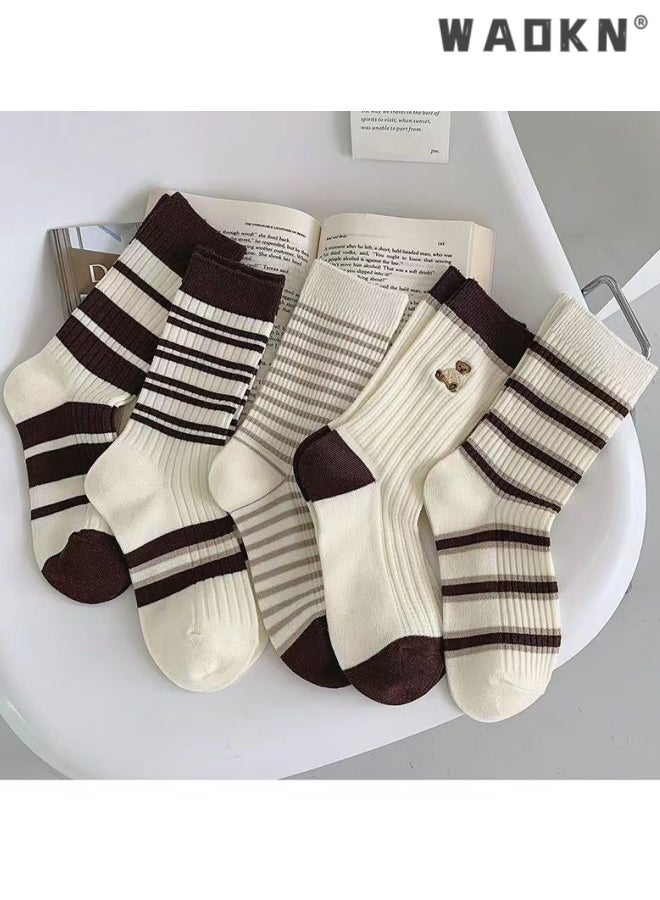 WAOKN 5pcs socks , Striped Socks 5 Pcs Set Winter Crew Socks Women Y2k Cute Warm Aesthetic , Trendy and versatile , soft and comfortable , Sweat absorption, odor prevention, anti slip , suitable for women. - Image 5