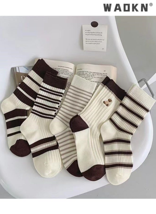WAOKN 5pcs socks , Striped Socks 5 Pcs Set Winter Crew Socks Women Y2k Cute Warm Aesthetic , Trendy and versatile , soft and comfortable , Sweat absorption, odor prevention, anti slip , suitable for women. - Image 2