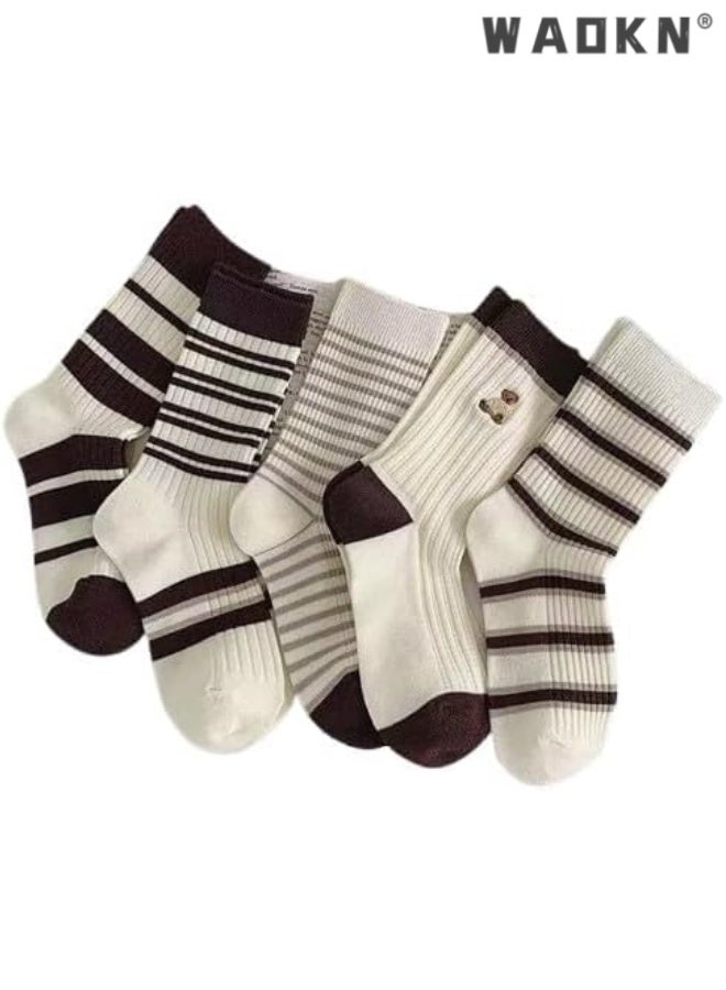 WAOKN 5pcs socks , Striped Socks 5 Pcs Set Winter Crew Socks Women Y2k Cute Warm Aesthetic , Trendy and versatile , soft and comfortable , Sweat absorption, odor prevention, anti slip , suitable for women. - Image 1