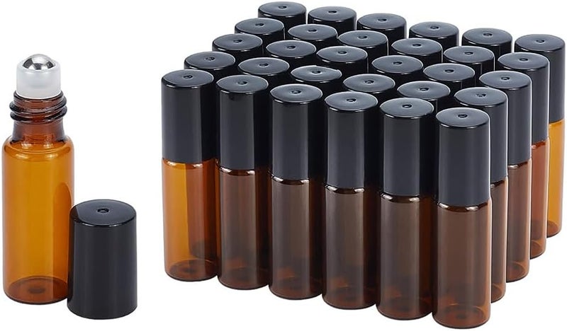 BENECREAT 30 Pack 5ml Amber Glass Bottles Essential Oils Roller Bottles with Stainless Steel Balls for Essential Oils/Other Liquids - Image 1