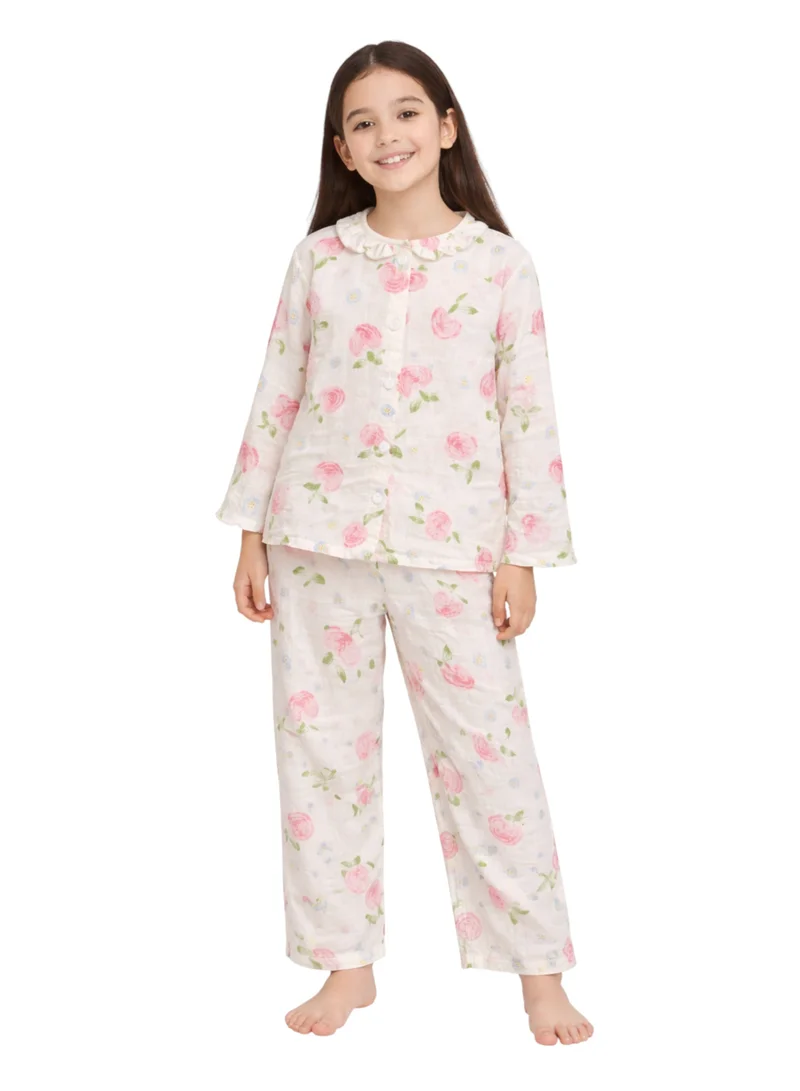 victor and jane Girls 100% Cotton Muslin Floral Strawberry Print Pyjama Set