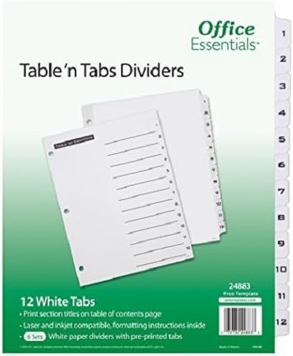 Office Essentials Table n Tabs Dividers 812 x 11 112 Tab BlackWhite Tab LaserInkjet Pack of 6 24883