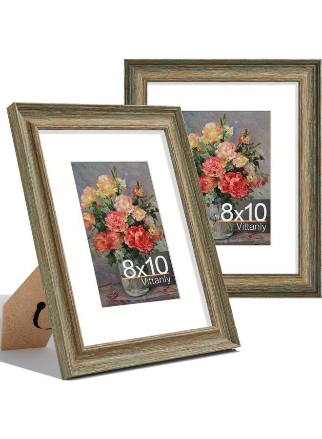 Vittanly 8x10 Picture Frames Set of 2, Ornate Vintage Photo Frame for Wall or Tabletop, Display 5x7 Pictures with Mat or 8x10 without Mat, Vintage Green - Image 1