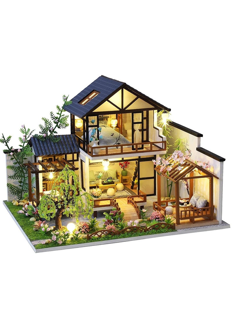 DIY Dollhouse Miniature with Wooden Furniture Kit,Handmade Mini Home Craft Dust Cover u0026 Music Box ,1:24 Toys for Teens Adult Gift (Bamboo Creek Water Garden dust Box) - Image 1