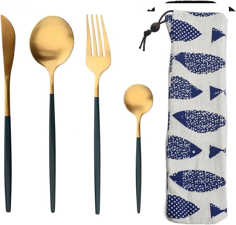 Portable 4Pcs Stainless Steel Tableware Cutlery Dinnerware Set With Bag Western Knife Fork TeaSpoon Kitchen Dinner Flatware(Matte Green Gold) - Image 1