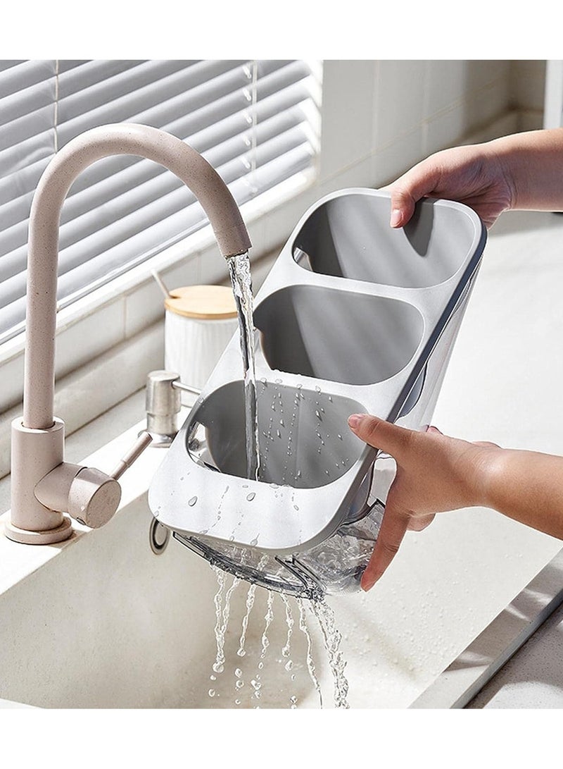 حامل و صفاية للملاعق و السكاكين وادوات تناول الطعام من 3 طبقات، حاوية تخزين بلاستيكية مقاومة للماء مع فتحات تصريف المياه، رف تخزين لادوات المطبخ المنزلي والمطعم (رمادي) - Image 5