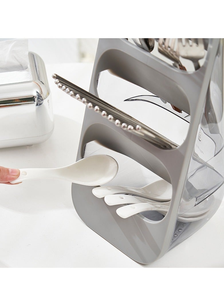 حامل و صفاية للملاعق و السكاكين وادوات تناول الطعام من 3 طبقات، حاوية تخزين بلاستيكية مقاومة للماء مع فتحات تصريف المياه، رف تخزين لادوات المطبخ المنزلي والمطعم (رمادي) - Image 3