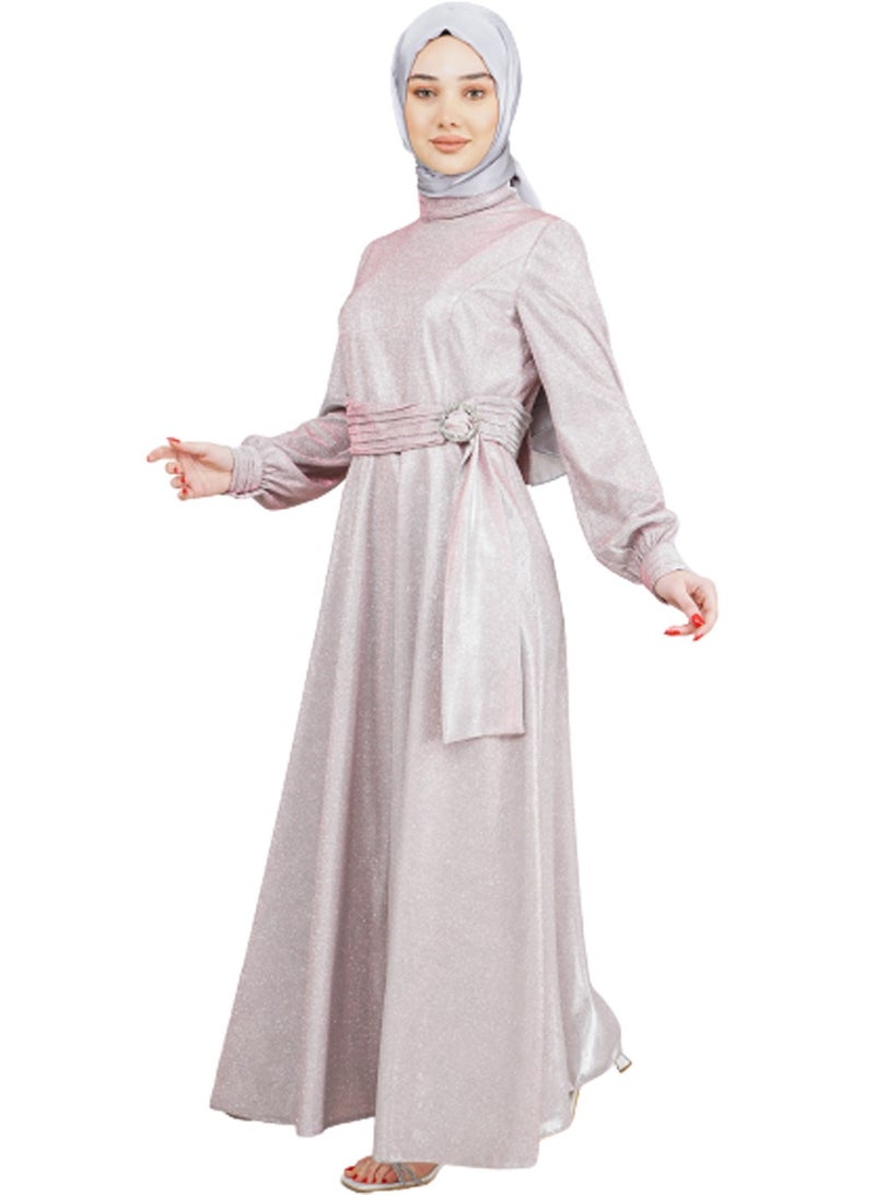 Lamora Women's Long Dress Sparkly Belt Buckle Lurex Dress for Delightful Special Occasions with a special design Ladies Dress Powder - Image 1