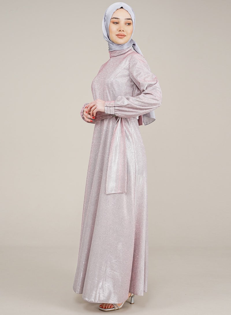 Lamora Women's Long Dress Sparkly Belt Buckle Lurex Dress for Delightful Special Occasions with a special design Ladies Dress Powder - Image 2