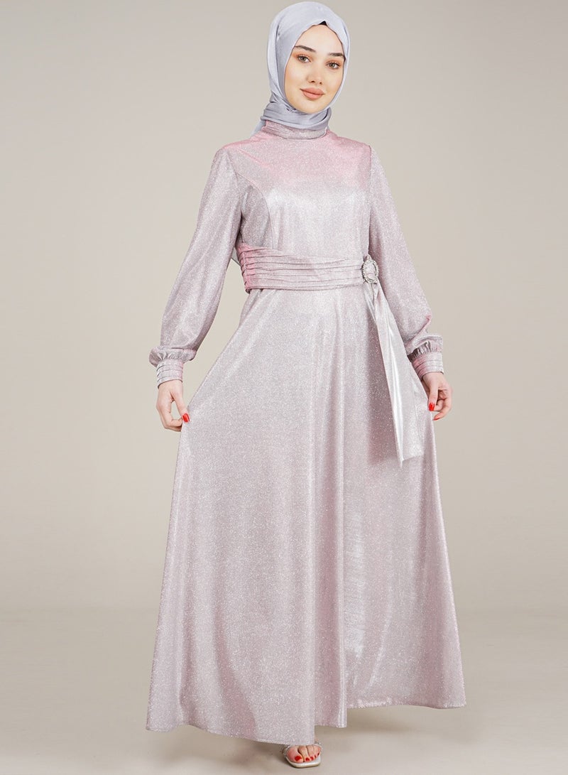 Lamora Women's Long Dress Sparkly Belt Buckle Lurex Dress for Delightful Special Occasions with a special design Ladies Dress Powder - Image 4
