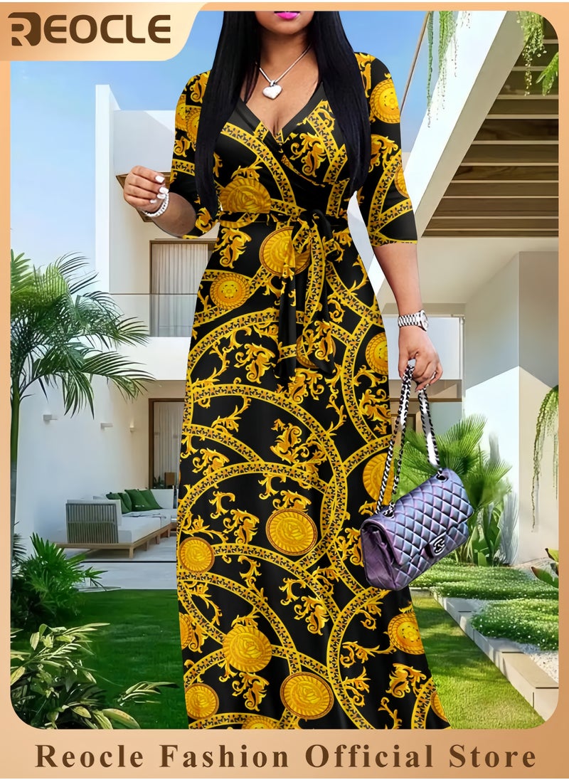 REOCLE Plus Size Maxi Dress for Women Casual Summer Sundress V-Neck 3/4 Sleeve  - Image 1