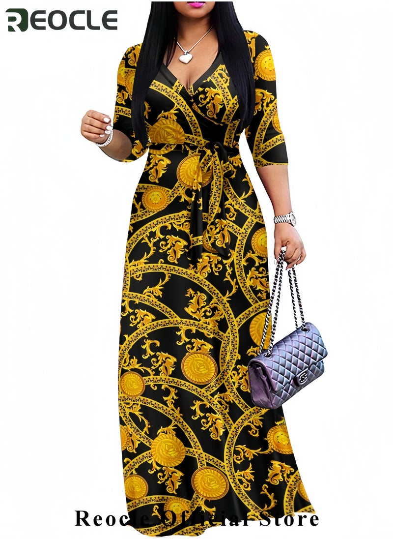 REOCLE Plus Size Maxi Dress for Women Casual Summer Sundress V-Neck 3/4 Sleeve  - Image 2